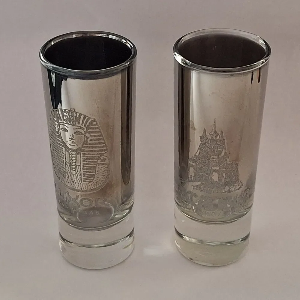 2 VTG Excalibur & Luxor Hotel Casino Las Vegas Tall Shooter Shot Glasses Barware